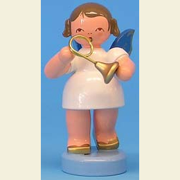 Angel with French horn - Blue Wings - standing - 6cm / 2,3 inch