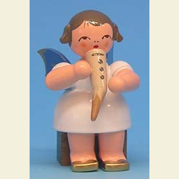 Angel with gemshorn  -  Blue Wings  -  sitting  -  5cm / 2 inch
