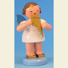 Angel with pan pipe - Blue Wings - standing - 9,5cm / 3,7 inch